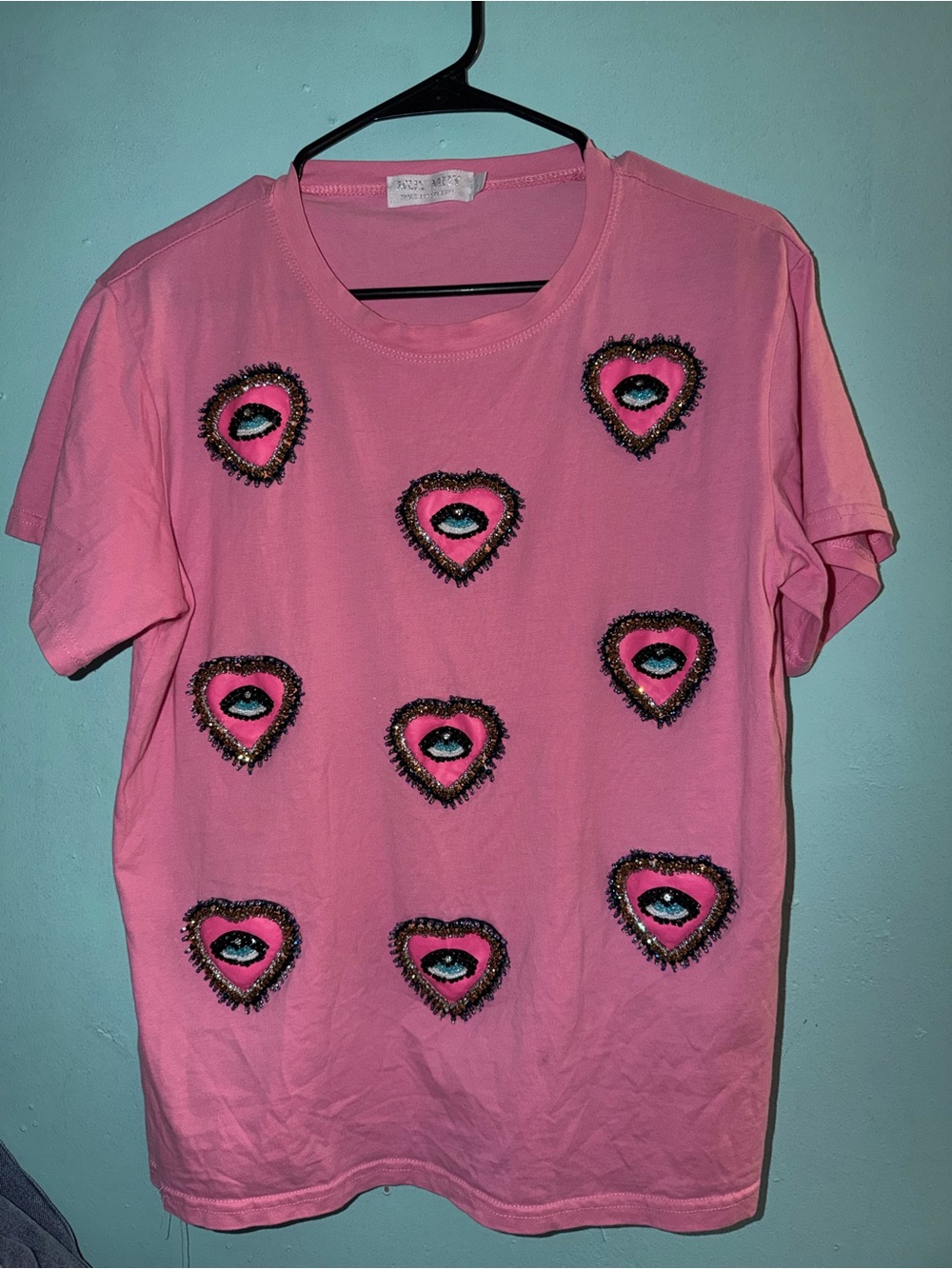 Pink Heart Eye Embellished Graphic Tee